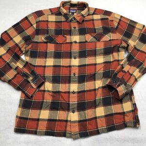 PATAGONIA Fjord Flannel Shirt Men L Black Umber Tan Plaid GORP Organic Autumn